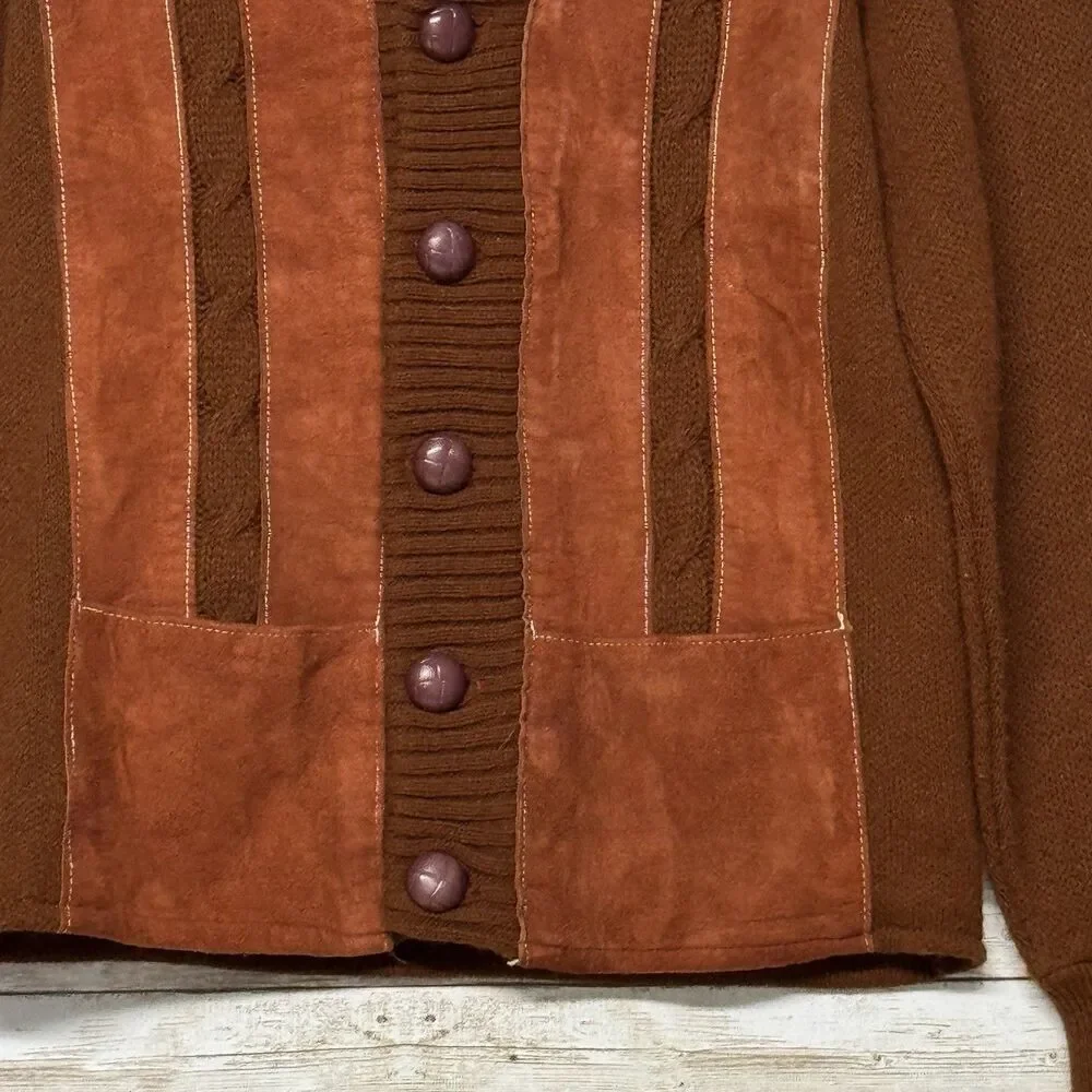 1970s Vintage Brown w Red Suede Front Shawl Cardigan RETRO M Old Grandpa Hipster